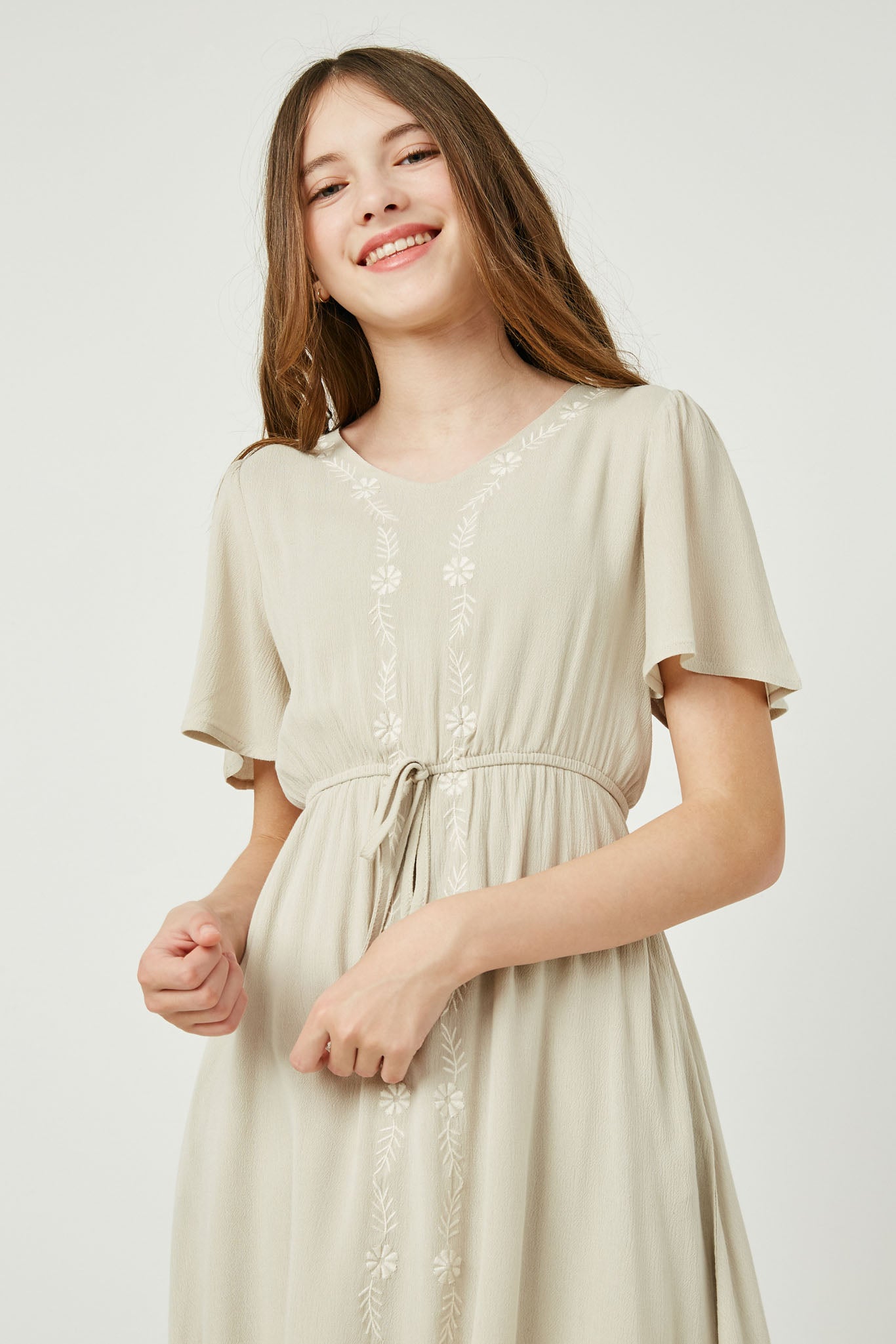 Floral Embroidery Flutter Sleeve Midi Dress