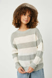 GY2530 Blue Girls Striped Loose Knit Summer Sweater Close Front
