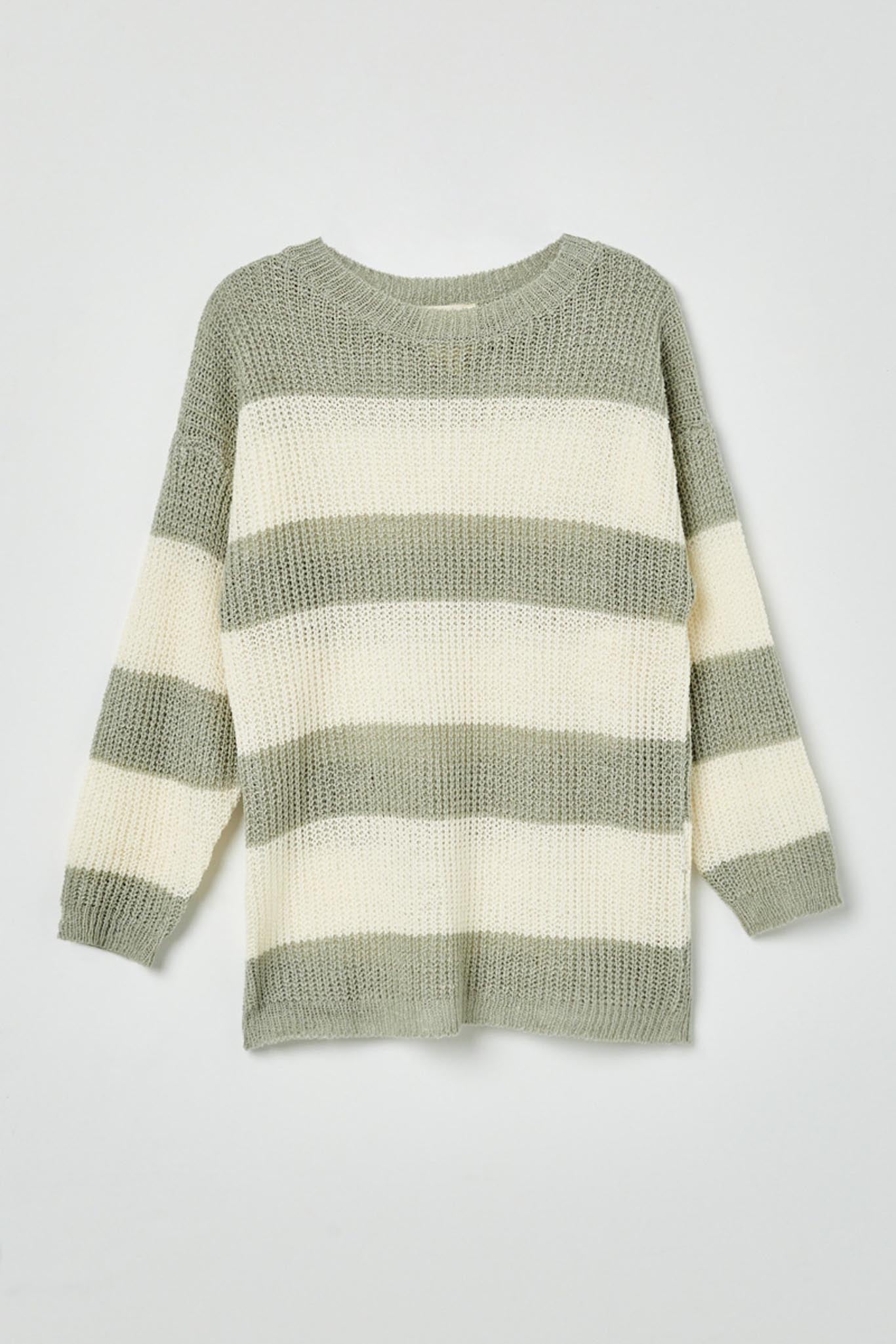 GY2530 Blue Girls Striped Loose Knit Summer Sweater Flat Front