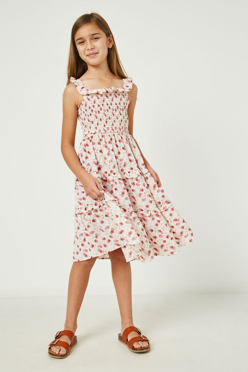 GY2539 Pink Girls Ruffle Square Neck Smocked Dress Front