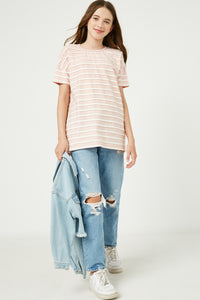 GY2551 Pink Girls Lace Striped Short Sleeve Tee Full Body