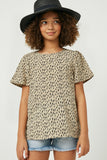 GY2560 Taupe Girls Printed Short Sleeve Keyhole Top Front