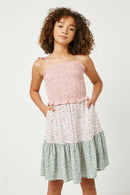 GY2563 Girls Smocked Floral Print Block Dress Front