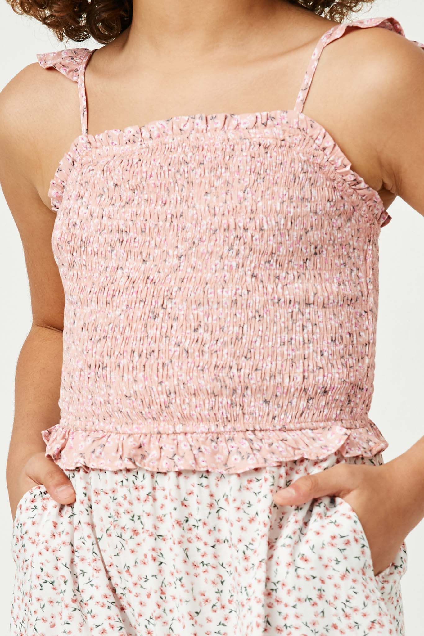 GY2563 Girls Smocked Floral Print Block Dress Detail