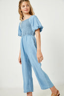 GY2567 Dark Denim Girls Smocked Puff Sleeve Tencel Jumpsuit Side