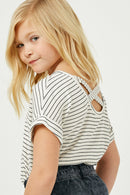 GY2581 White Black Girls Ribbed Stripe Cross Back Knit Tee Back