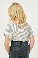 GY2581 White Black Girls Ribbed Stripe Cross Back Knit Tee Alternate Back