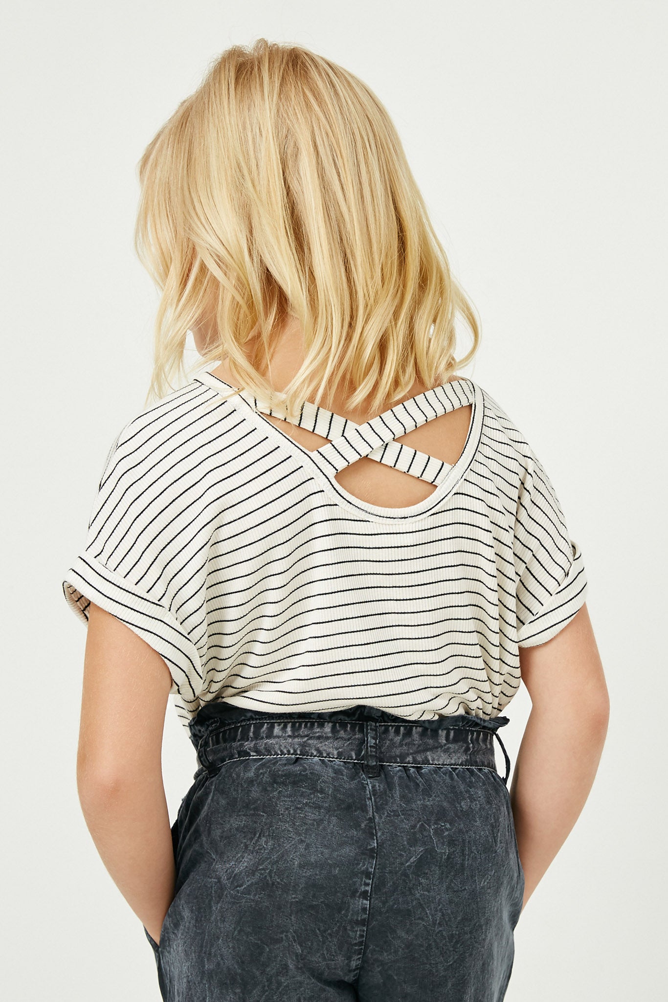 GY2581 White Black Girls Ribbed Stripe Cross Back Knit Tee Alternate Back