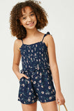 GY2587 Navy Girls Ruffled Floral Smocked Romper Front