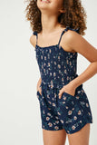 GY2587 Navy Girls Ruffled Floral Smocked Romper Detail