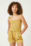GY2587 Yellow Girls Ruffled Floral Smocked Romper Front