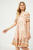 GY2589 Coral Girls Square Neck Puff Sleeve Printed Dress Front