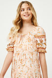 GY2589 Coral Girls Square Neck Puff Sleeve Printed Dress Close Up
