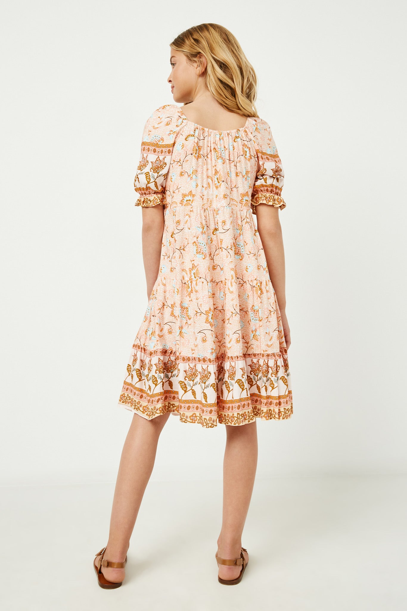 GY2589 Coral Girls Square Neck Puff Sleeve Printed Dress Back