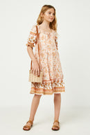 GY2589 Coral Girls Square Neck Puff Sleeve Printed Dress Full Body