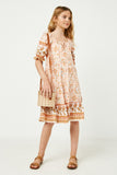 GY2589 Coral Girls Square Neck Puff Sleeve Printed Dress Full Body