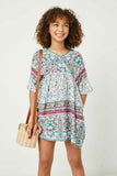 GY2602 Off White Mix Girls Border Print V Neck Bell Sleeve Tunic Front