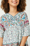 GY2602 Off White Mix Girls Border Print V Neck Bell Sleeve Tunic Detail