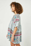 GY2602 Off White Mix Girls Border Print V Neck Bell Sleeve Tunic Side