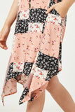 GY2607 Pink Girls Sleeveless Patchwork Print Handkerchief Dress Detail