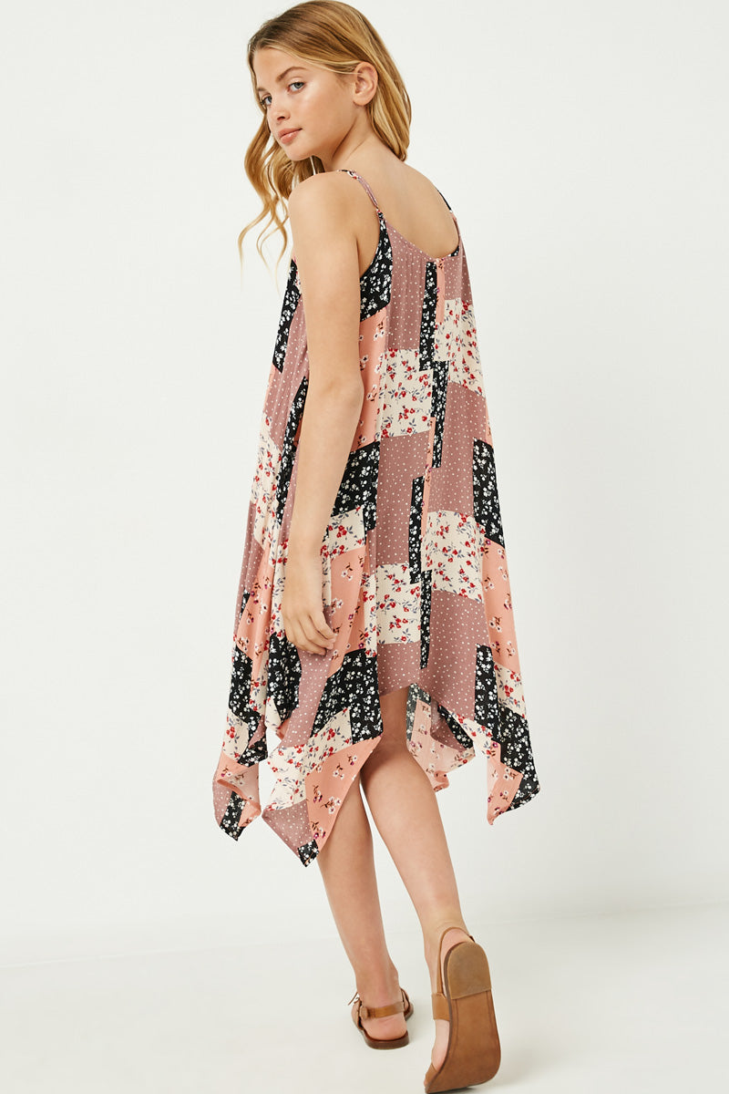 GY2607 Pink Girls Sleeveless Patchwork Print Handkerchief Dress Back