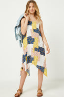 GY2607 Yellow Girls Sleeveless Patchwork Print Handkerchief Dress Front