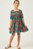GY2609 TEAL Girls Romantic Floral Tie Sleeve Mini Dress Full Body