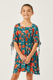 GY2609 TEAL Girls Romantic Floral Tie Sleeve Mini Dress Front