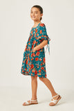 GY2609 TEAL Girls Romantic Floral Tie Sleeve Mini Dress Side