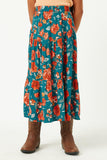 GY2610 TEAL Girls Floral Elastic Midi Skirt Front