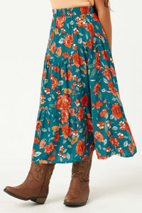GY2610 TEAL Girls Floral Elastic Midi Skirt Side
