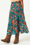 GY2610 TEAL Girls Floral Elastic Midi Skirt Side