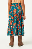 GY2610 TEAL Girls Floral Elastic Midi Skirt Back