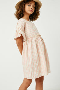 GY2611 Mauve Girls Ruffled Sleeve Striped Swing Dress Side