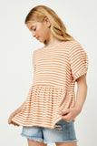 GY2616 CORAL Girls Ribbed Stripe Twist Sleeve Knit Peplum Top Front