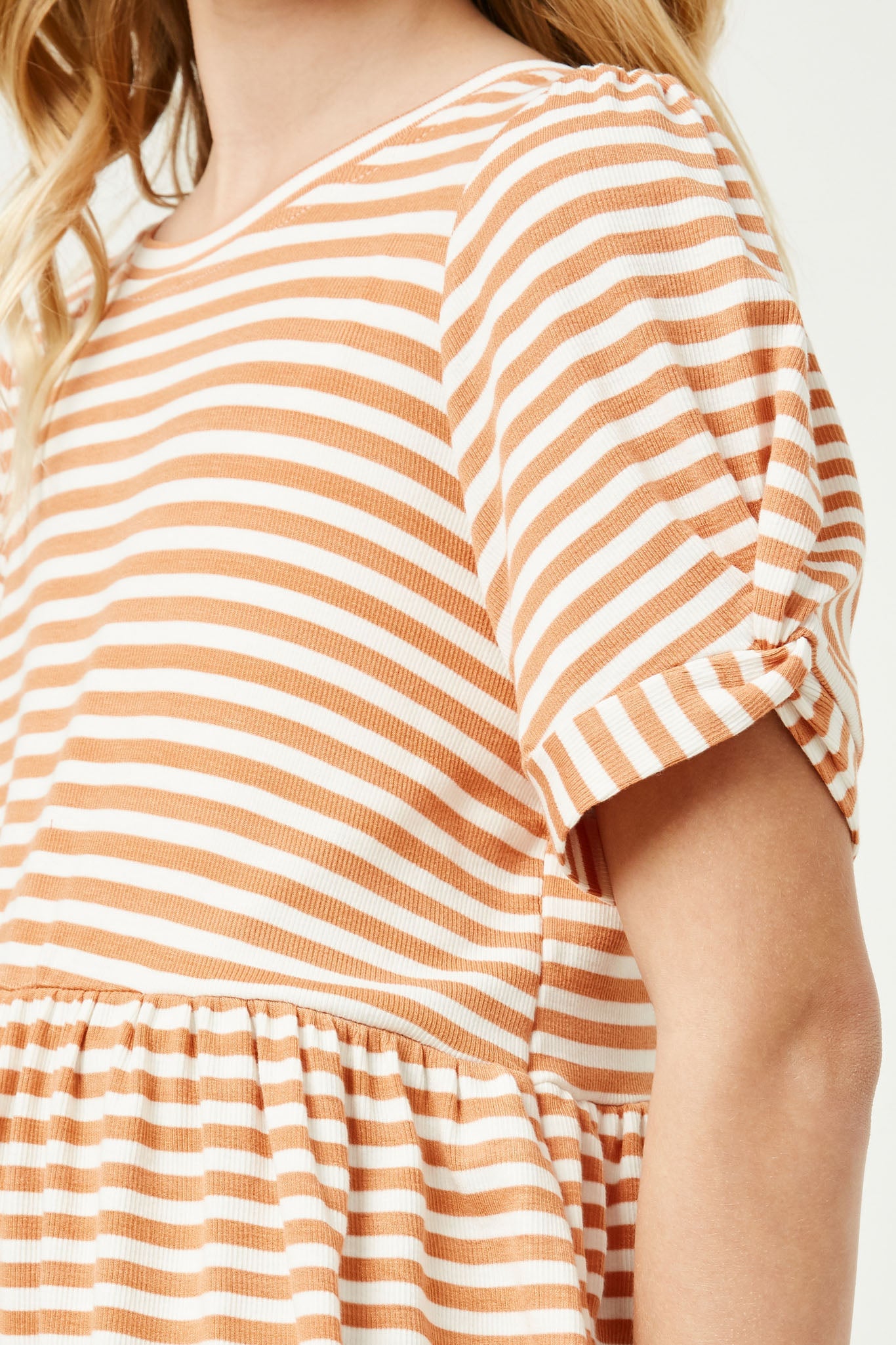 GY2616 CORAL Girls Ribbed Stripe Twist Sleeve Knit Peplum Top Detail