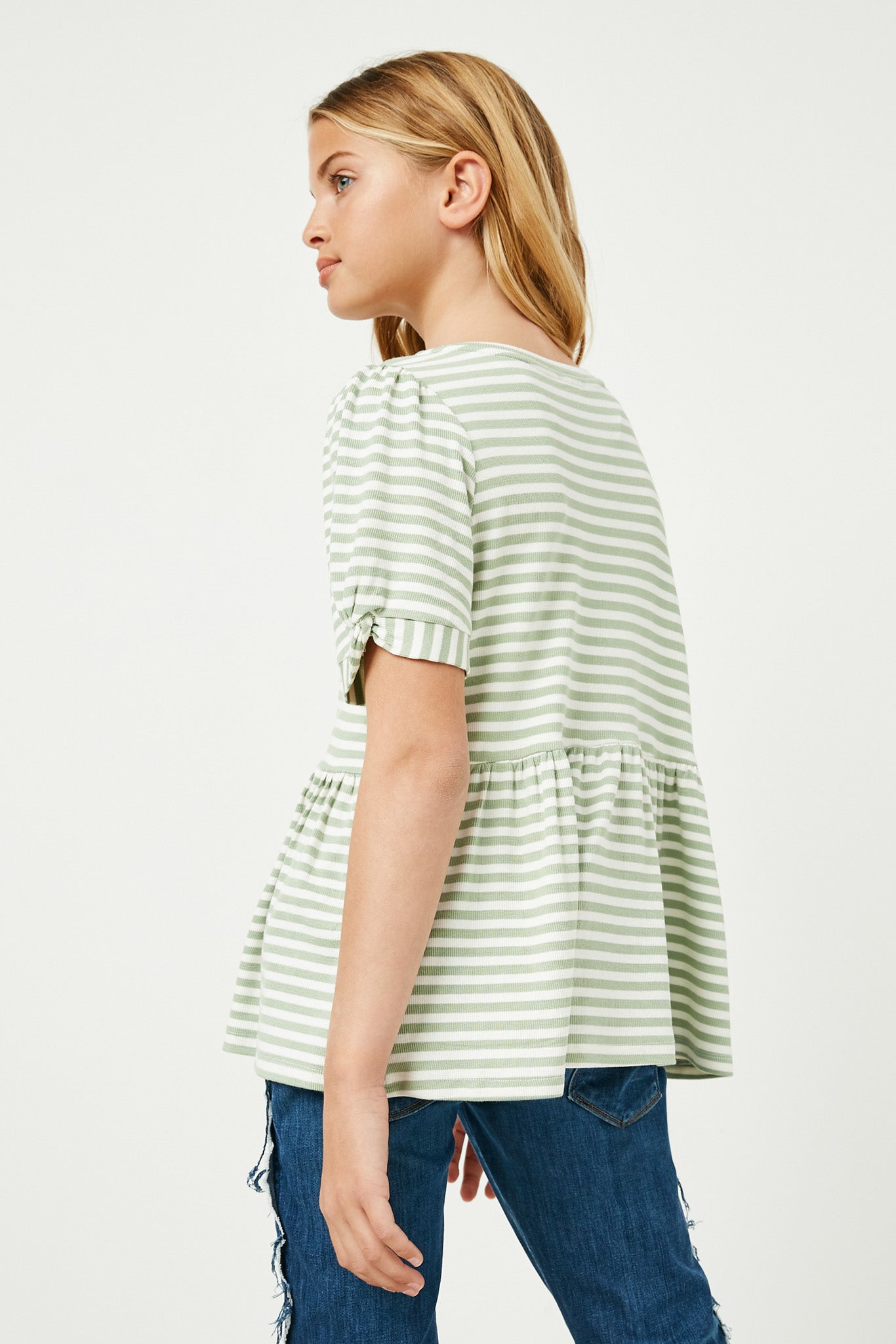 GY2616 SAGE Girls Ribbed Stripe Twist Sleeve Knit Peplum Top Back