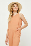 GY2618 CORAL Girls Ribbed Knit Pocketed Jumpsuit Front