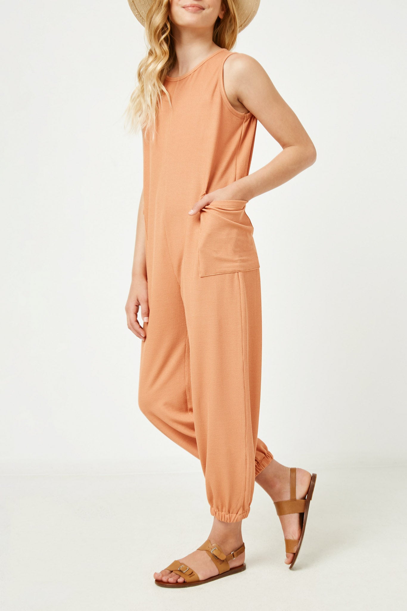 GY2618 CORAL Girls Ribbed Knit Pocketed Jumpsuit Side