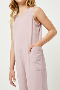 GY2618 MAUVE Girls Ribbed Knit Pocketed Jumpsuit Front