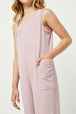 GY2618 MAUVE Girls Ribbed Knit Pocketed Jumpsuit Front