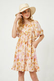 GY2627 Peach Girls Paisley Print Square Neck Tunic Dress Front