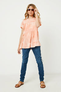 GY2628 Coral Girls Tie Die Tiered Knit Tee Full Body
