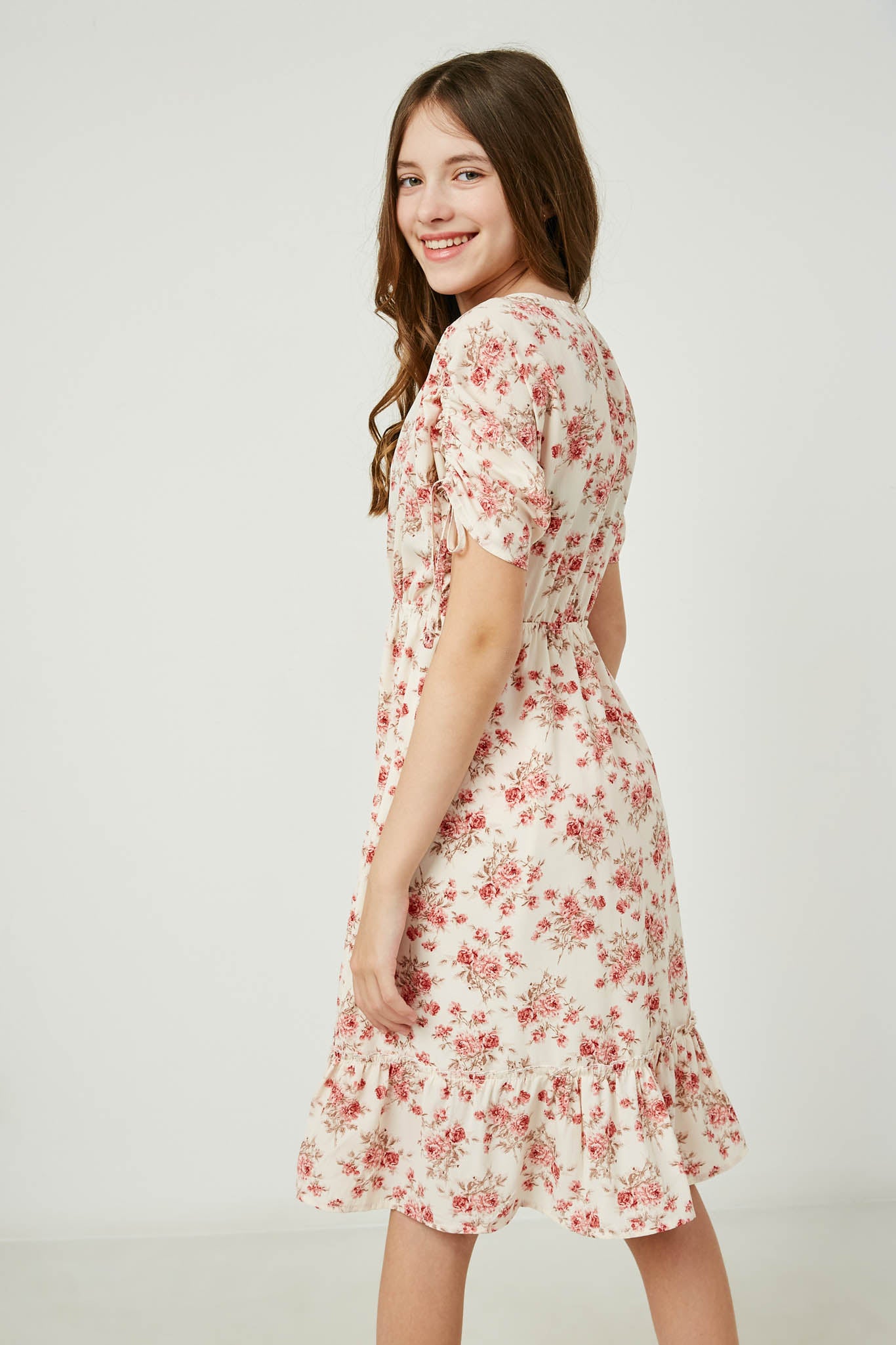 GY2630 IVORY Girls Floral Drawstring Sleeve Dress Back