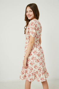 GY2630 IVORY Girls Floral Drawstring Sleeve Dress Back