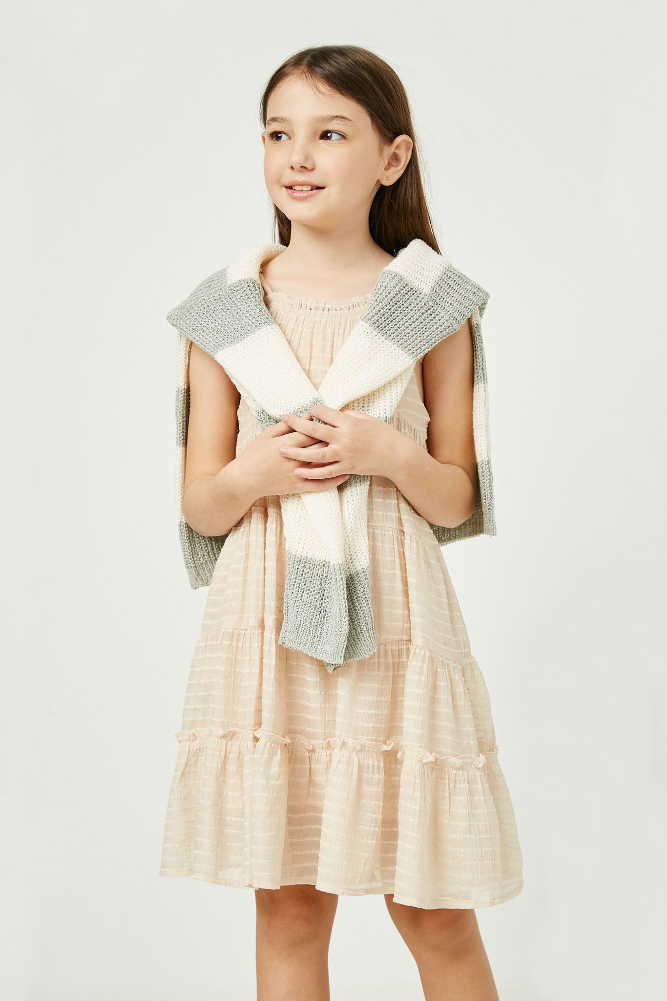 GY2634 Natural Girls Texture Stripe Tiered Halter Mini Dress Front