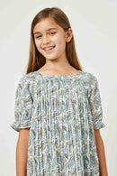 GY2640 Blue Girls Square Neck Pleated Paisley Dress Close Up