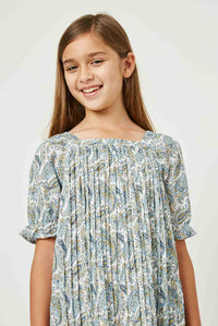 GY2640 Blue Girls Square Neck Pleated Paisley Dress Close Up