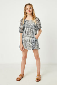 GY2645 Black Girls Chiffon Paisley Printed Babydoll Mini Dress Full Body