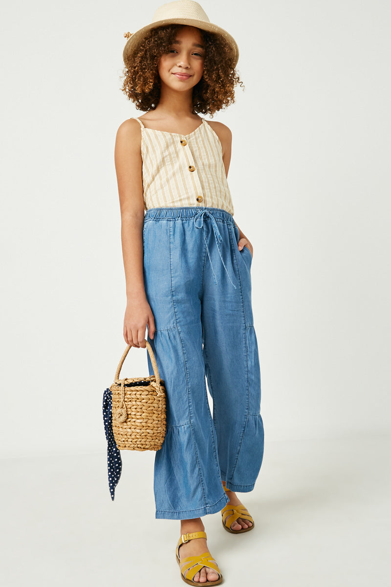 GY2653 Mustard Girls Striped V Neck Buttoned Cami Full Body